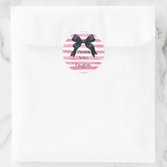 Adesivo Laço Preto com Listra Branca Rosa Personalizado (Bolsa)
