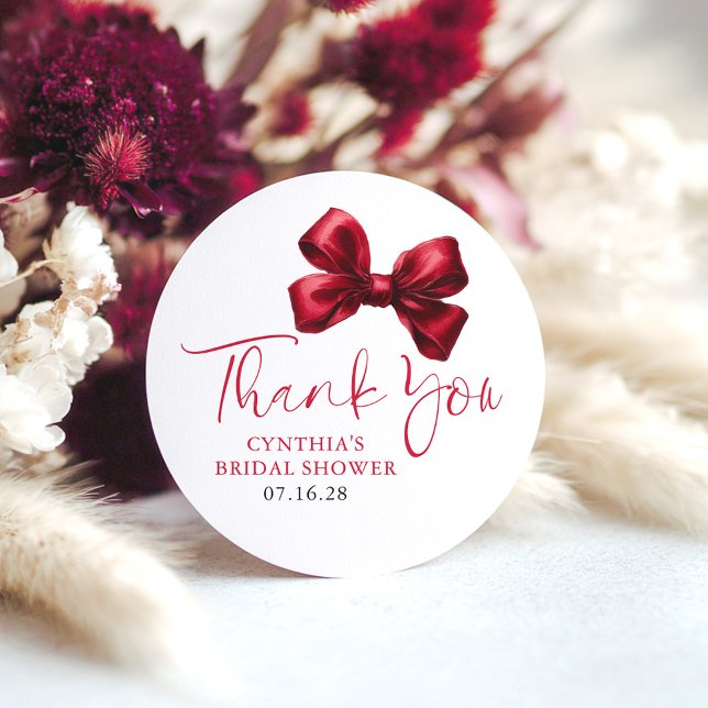 Adesivo Laços Vermelho Escuro Favorecem Chá de Noiva Obrig (Red Bow Thank You Stickers)