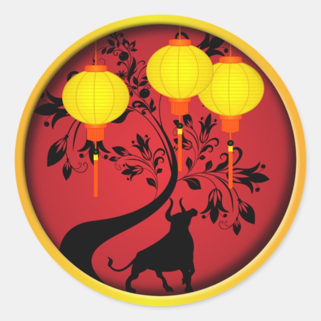 Adesivo Lanternas Douradas OX do Ano Novo Chinês Elegante (Frente)
