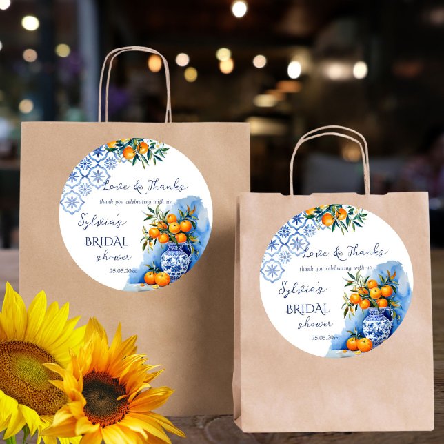Adesivo Laranja azul Talavera cítrico lembrancinha de chá  (Talavera blue oranges citrus Mexican Hacienda summer bridal shower thank you favor sticker template)