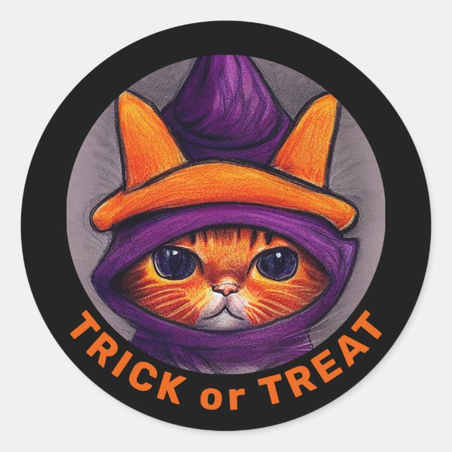 Adesivo Laranja Gato Roxo de Bruxa Trick Treat Halloween (Frente)