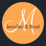 Adesivo Laranja Nomes Monograma Vinhetas de Casamento<br><div class="desc">Autocolantes personalizáveis com Iniciais de Monograma e noivas e nomes de noivos. Design por Elke Clarke©</div>