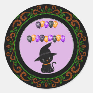 Adesivo Laranja Verde Gato Negro Feliz Balões de Hallowee