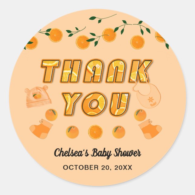 Adesivo Laranja Você Pronta Chá de fraldas Citrus Obrigado (Frente)