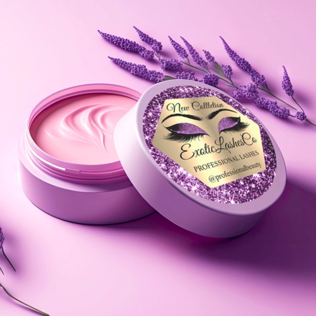 Adesivo Lash Packaging Makeup Artista Dourado Roxo Olhos (Lash Packaging Makeup Artist Gold Purple Eyes Classic Round Sticker)