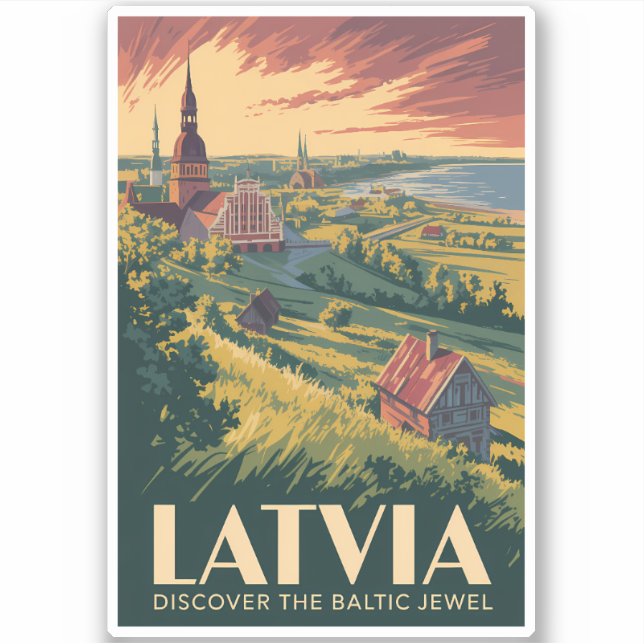 Adesivo Latvia Baltic Sea Illustration Travel Art Vintage (Frente)