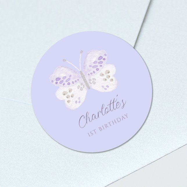 Adesivo Lavender Watercolor Butterfly 1st Birthday Party (Criador carregado)