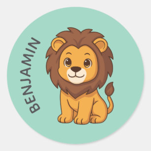 Adesivo Leão de desenho animado fofo nome personalizado ve