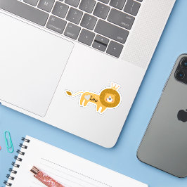 Adesivo Leão de Nome Personalizado Cute com Laptop Coroa e
