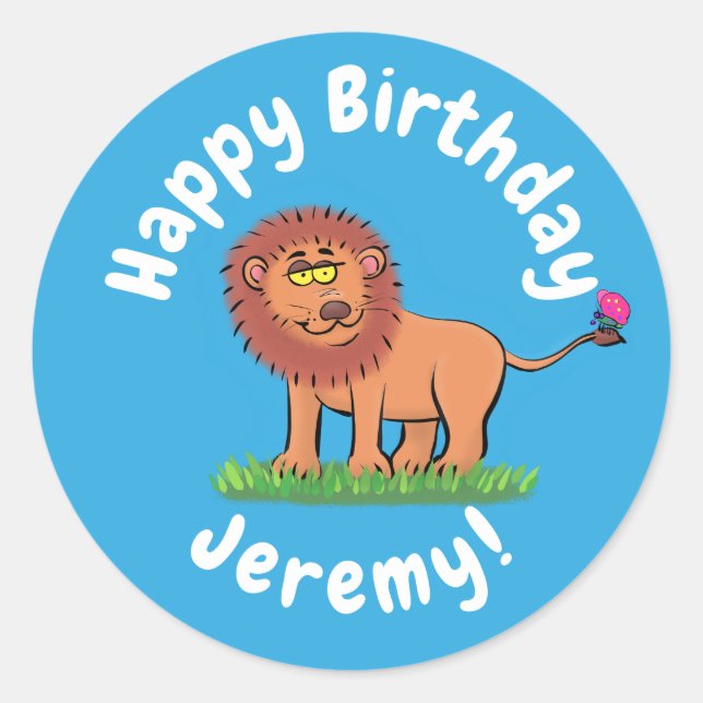 Adesivo Leão engraçado bonito com cartoon de borboleta (Frente)