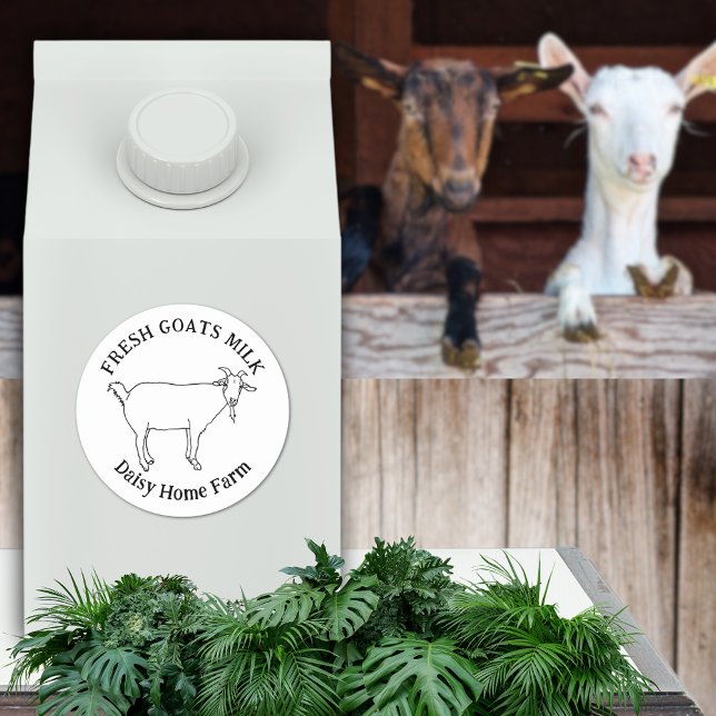 Adesivo Leite de Caprinos Frescos Nome comercial Black and (Simple goat drawing custom business name fresh goats milk farm produce black and white  label)