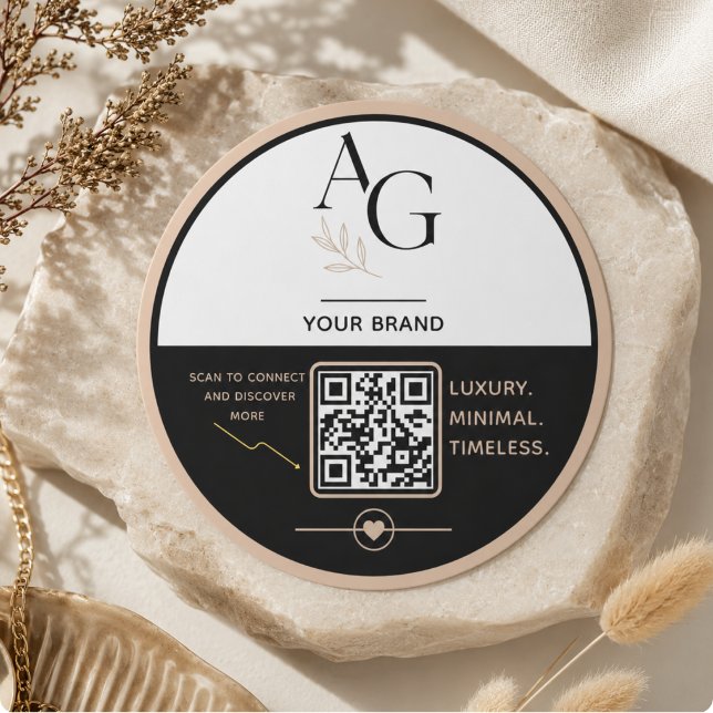 Adesivo Lembrete de Agendamento de Código QR de Luxo Bege  (Black Beige Luxury QR Code Appointment Reminder Classic Round Sticker)