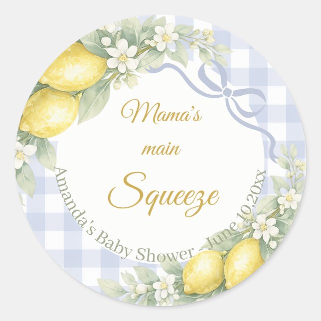 Adesivo Lemon blue gingham mama's main squeeze Baby Shower (Frente)