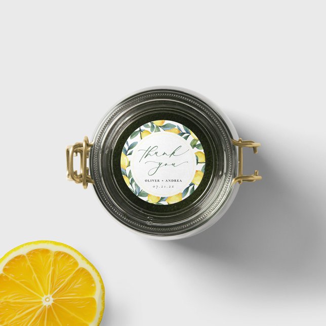 Adesivo Lemon Botanical Obrigado A Favor De Casamento Stic (Lemon Botanical Wedding Favor thank you sticker. Round design with watercolor lemon border.
)