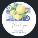 Adesivo Lemon Citrus - Casamento Obrigado<br><div class="desc">Quando ela descobriu que o tema principal do Chá de panela de limão apertado é o chá de panela de verão perfeito. A fruta de citrinos legal e refrescante cria sempre belas exibições e refrescos. Limões de aquarela e azulejos azuis mediterrânicos. Limões no estilo grego. Itens correspondentes disponíveis.</div>