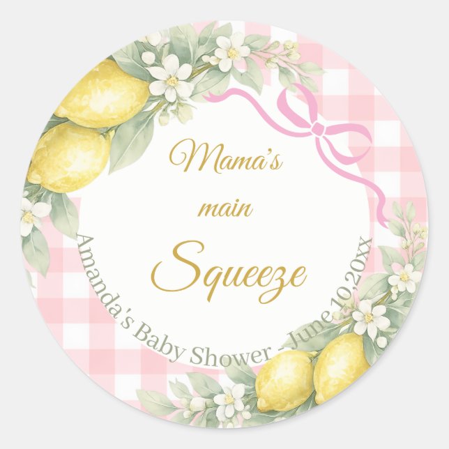 Adesivo Lemon pink gingham mama's main squeeze Baby Shower (Frente)