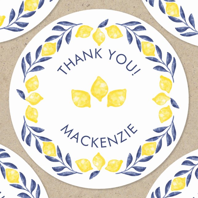 Adesivo Lemon Watercolor Obrigado Personalizado (Lemon citrus watercolor yellow blue and white personalized name thank you sticker)