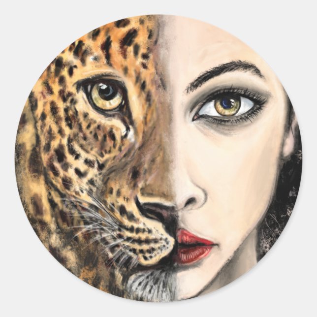 Adesivo Leopard Girl Face Fantasy Painting Art Wild Animal (Frente)