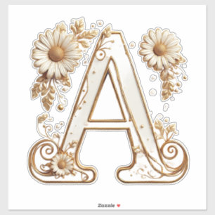 Adesivo Letra A dourada luxuosa com design de margaridas f