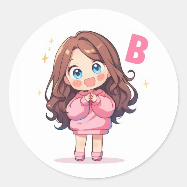 Adesivo Letra B Garota Kawaii Fofa de Anime (Frente)