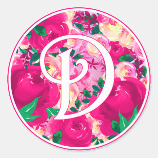 Adesivo Letra D Cor de Água Rosa Círculo Floral Monograma