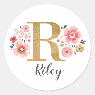 Adesivo Letra Dourada Elegante Monograma Floral Rosa, Letr