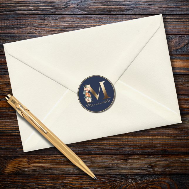 Adesivo Letra Dourada M Monograma Floral Azul Marinho Eleg (Criador carregado)