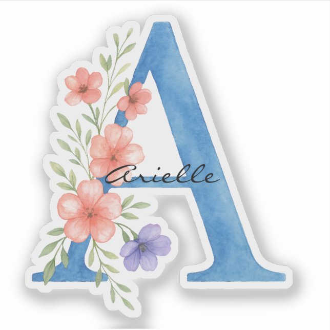 Adesivo Letra floral A personalizada com aquarela monogram (Frente)