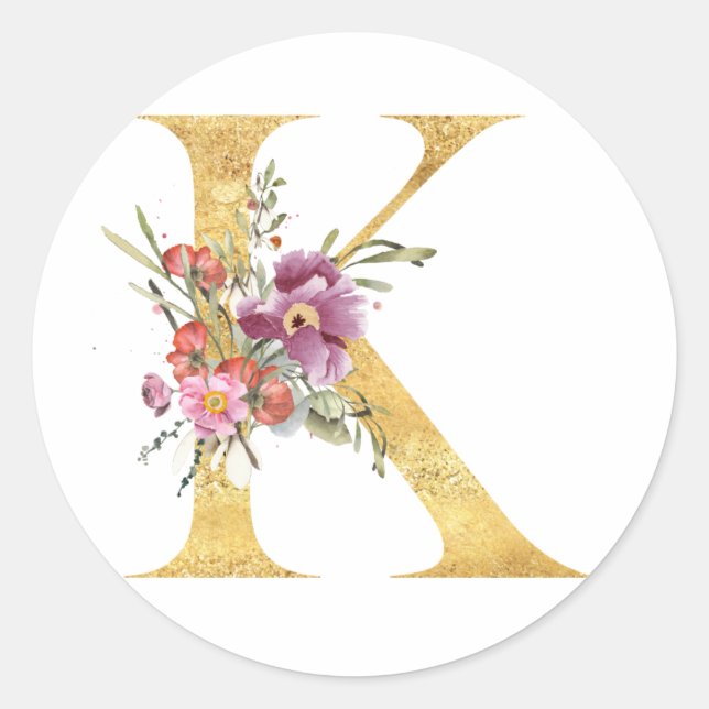 Adesivo Letra K MONOGRAMA dourada com flores (Frente)