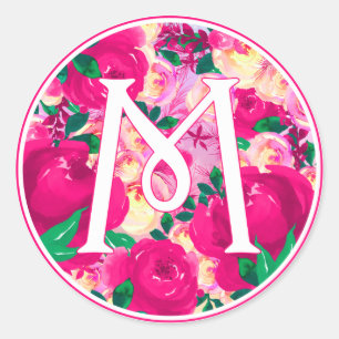 Adesivo Letra M cor-de-água rosa Círculo floral Monogram