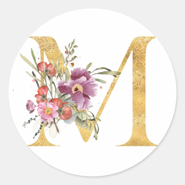 Adesivo Letra M em MONOGRAMA dourado com flor (Frente)