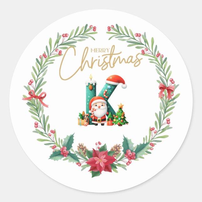 Adesivo Letra monográfica K, Fera de Natal com Papai Noel (Frente)