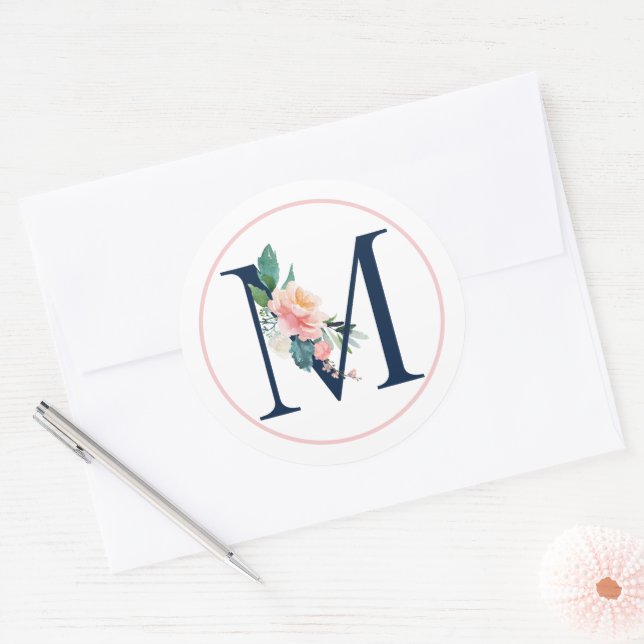 Adesivo Letra Monográfica Preta M com Flor Rosa (Envelope)