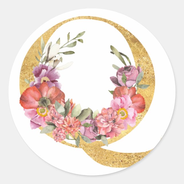 Adesivo Letra Q de MONOGRAMA dourada com flor (Frente)