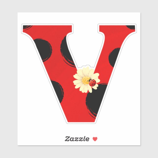 Adesivo Letra V Ladybug Impressão com Ladybug e Flor (Folha)