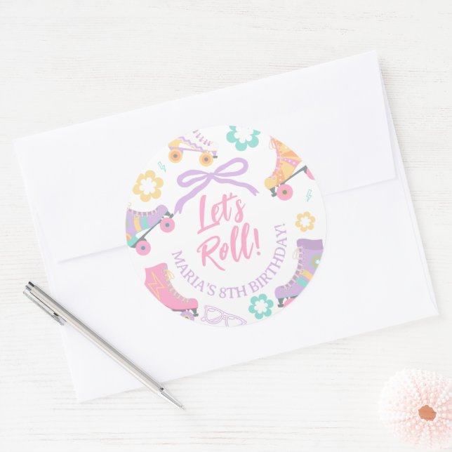 Adesivo Lets Roll Roller Skate Retro Girl Birthday Pastel (Envelope)