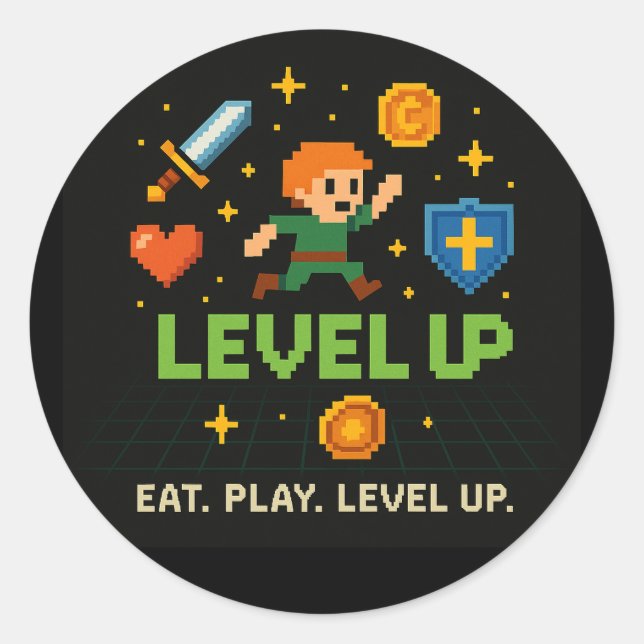 Adesivo Level Up Gamer Sticker – Retro Pixel Gaming Art (Frente)