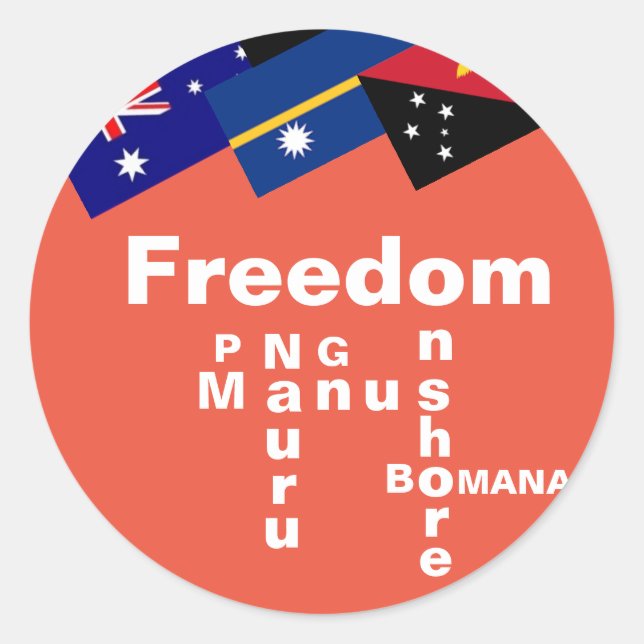 Adesivo Liberdade para os Refugiados - PNG Manus Nauru, em (Frente)
