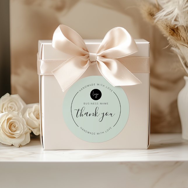 Adesivo Light Mint, obrigado, feito à mão com amor (Light Mint Thank You Handmade with Love Classic Round Sticker)