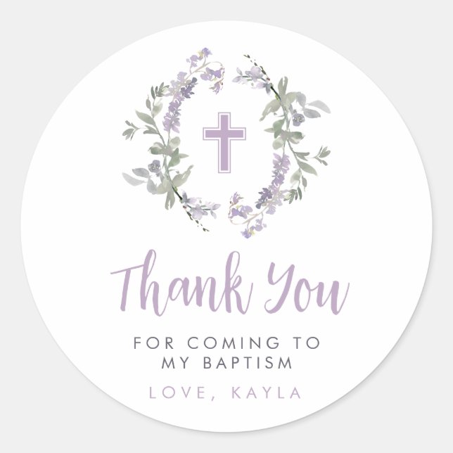 Adesivo Lilac Wild Flower Wreath & Cross Baptism Obrigado (Frente)
