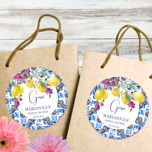 Adesivo Limões italianos bridal shower favor bougainvillea (That's Amore Vintage Italian tile lemons bougainvillea bridal shower thank you favor printed sticker)
