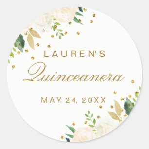 Adesivo Linda Quinceanera floral rosa com brilho dourado