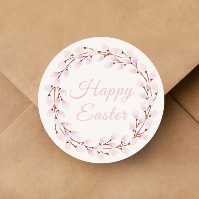Adesivo Linda Salgueiro Rosa Feliz Páscoa (Cute Pink Willow Happy Easter Classic Round Sticker)
