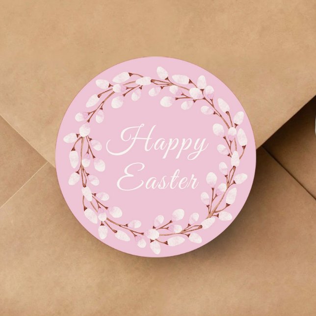 Adesivo Linda Willow Feliz Páscoa Rosa (Cute Willow Happy Easter Pink Classic Round Sticker)