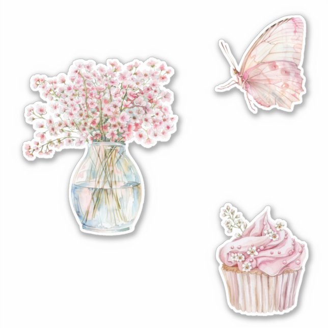 Adesivo Lindas Flores Rosa Bege Branco Borboleta  (Frente)