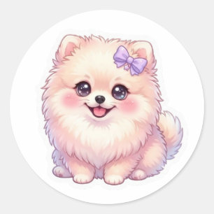 Adesivo Lindo Cachorrinho Pomerânia Kawaii Laço Roxo Paste