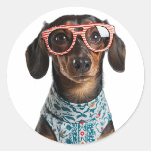 Adesivo Lindo Dachshund Pequeno Com Óculos Vermelhos