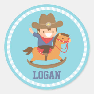 Adesivo Lindo e Feliz Pequeno Cowboy em Cavalo de Balanço