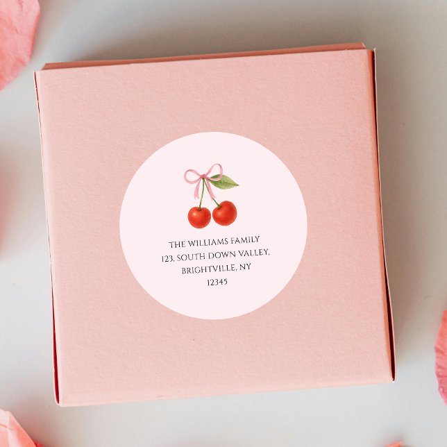 Adesivo Lindo endereço de remetente Coquette de Cereja Fof (Cute Cherry Bow Coquette return address Classic Round Sticker)