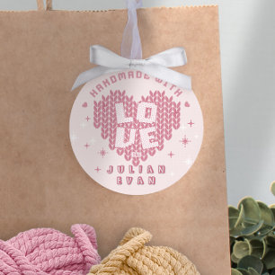 Adesivo Lindo Feito à Mão Com Amor Crochê Fio Rosa Bege